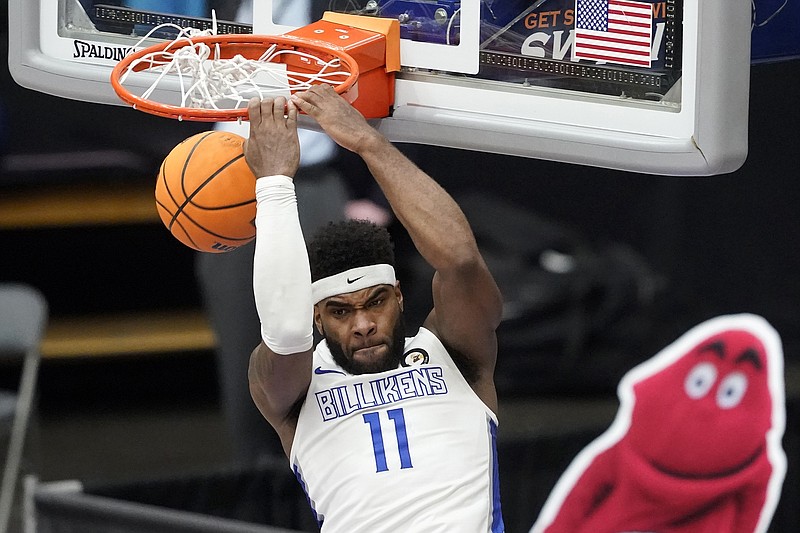 Saint Louis forward Hasahn French has a reverse dunk on a breakaway play during the second half of Saturdays game against Mississippi State in the first round of the NIT in Frisco, Texas.