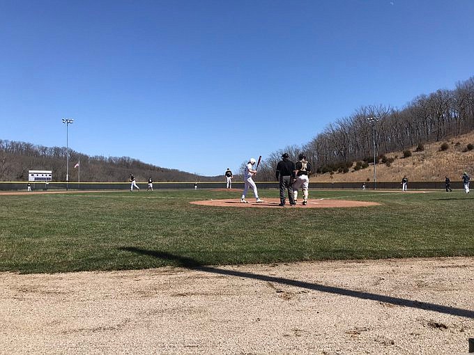 The first of two baseball games for Blair Oaks begins in Camdenton Saturday, March 20, 2021. The Falcons won the first game 2-1 in eight innings against St. Elizabeth, then lost 13-5 to Camdenton.