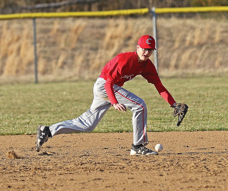 In this 2019 file photo, Jonathan Lieb of Calvary Lutheran fields a ground ball during a home game against Bunceton.