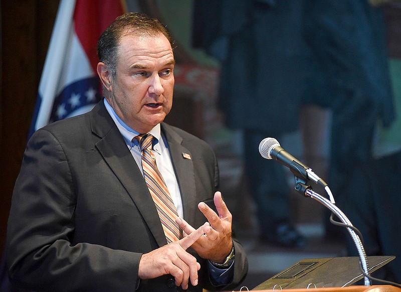 Missouri Lt. Gov. Mike Kehoe makes his opening statement in June 2018 during a news conference in the governor's office at the Missouri State Capitol in Jefferson City.