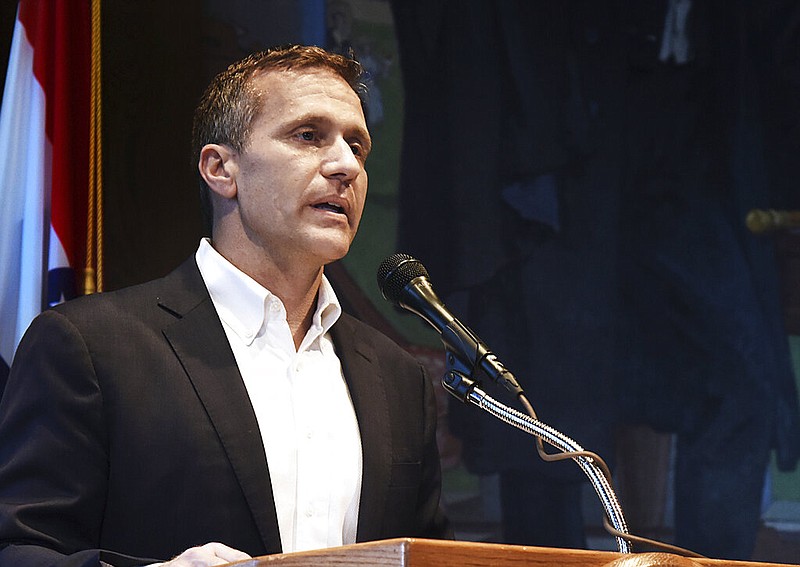In this May 29, 2018, file photo, then-Missouri Gov. Eric Greitens announces his resignation during a news conference in Jefferson City. Greitens, the former Navy SEAL officer who rose quickly to become Missouri governor before scandal forced him out of office just a year and a half into his tenure, is making a political comeback with a bid for the Senate seat being vacated by fellow Republican Roy Blunt. (Julie Smith/The Jefferson City News-Tribune via AP, File)