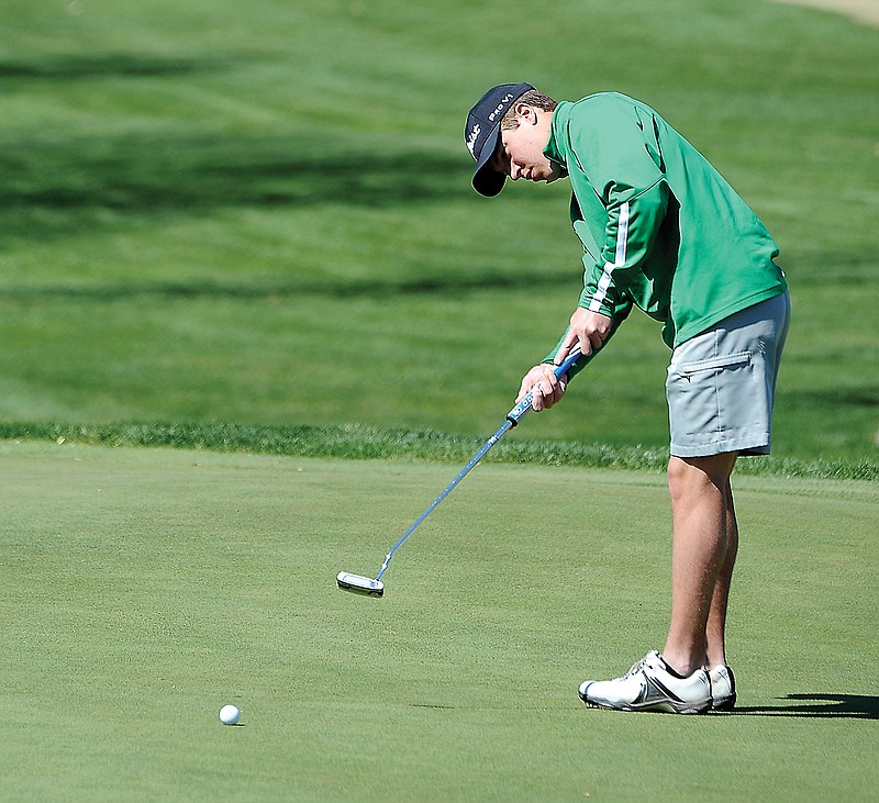 In this March 2019 file photo, Jake Closser of Blair Oaks rolls a putt during the Helias Invitational at Jefferson City Country Club.