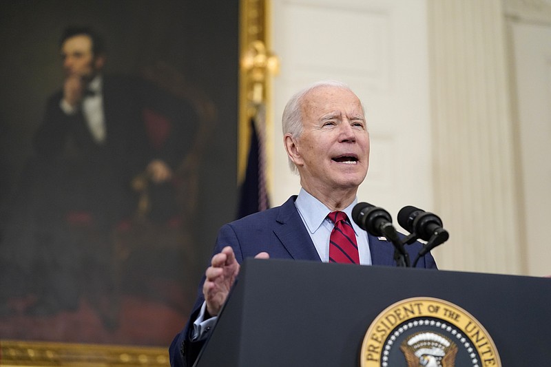 President Joe Biden speaks about the shooting in Boulder, Colo., Tuesday, March 23, 2021, in the State Dining Room of the White House in Washington. (AP Photo/Patrick Semansky)