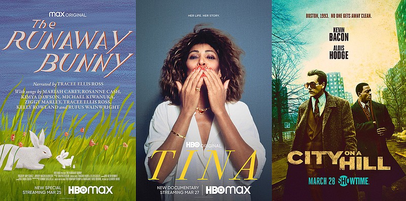 This combination of photos shows key art for "The Runaway Bunny," premiering March 25 on HBO Max, left, "Tina," a documentary about Tina Turner premiering March 27 on HBO Max, center, and "City on a Hill," a new series premiering March 28 on Showtime. (HBO Max/HBO Max/Showtime via AP)