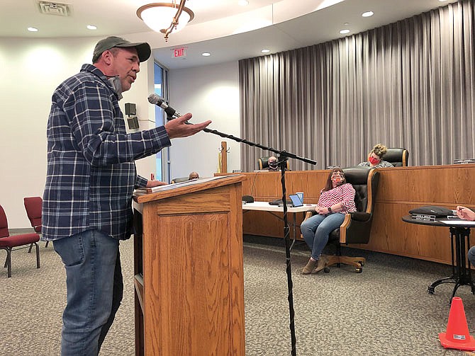 Beks owner Garry Vaught — representing the Fulton Brick District — talks Tuesday to the Fulton City Council about Morels and Microbrews in the council chambers at City Hall. The council voted 7-1 to approve scheduling the popular event — which was canceled last year due to COVID-19 — on May 1.