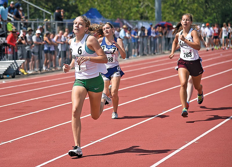 Natalie Heckman of Blair Oaks sprints towards the finish line in the 800-meter run at the 2019 Class 3 state track and field championships at Walton Stadium in Columbia.