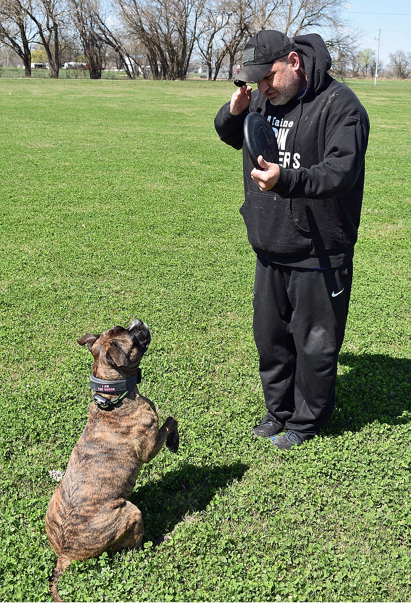 Gerry Tritz/News TribuneJason Howe gets his dog Sobee to "salute" Sunday afternoon in the North Jefferson City recreation area. Sobee is again competing in the Hero Dog Awards after being a runner-up in the last annual competition.