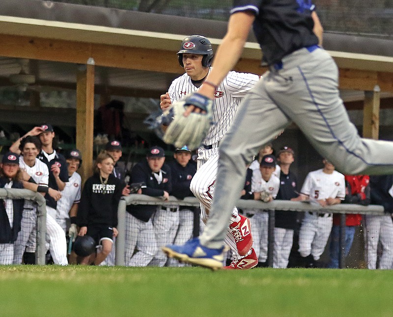 Jacob Duke of Jefferson City takes off from third base to score a run on a passed ball during the third inning of Tuesday night's game against Capital City at Vivion Field.