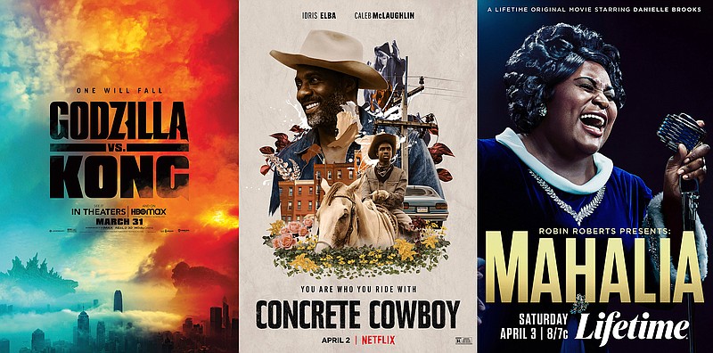 This combination photo shows poster art for the film "Godzilla vs Kong," premiering on HBO Max on March 31, left, "Concrete Cowboy," premiering April 2 on Netflix and "Robin Roberts Presents: Mahalia," premiering April 3 on Lifetime. (HBO Max/Netflix/Lifetime via AP)
