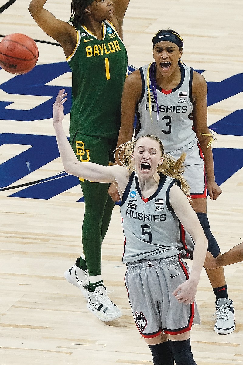 UConn's Paige Bueckers celebrates after Monday night's win against Baylor in the NCAA Tournament in San Antonio.