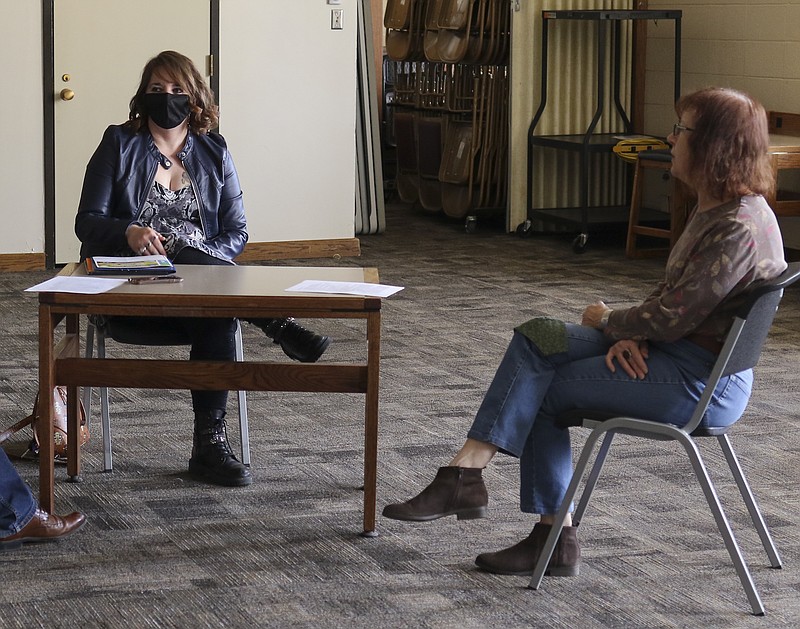 Liv Paggiarino/News TribuneLU anthropology professor Christine Boston and Madeline Matson, Missouri River Regional Library Reference and Adult Programming Librarian, sit down on Friday to discuss their collaboration to create the LU-MRRL Lecture Series.