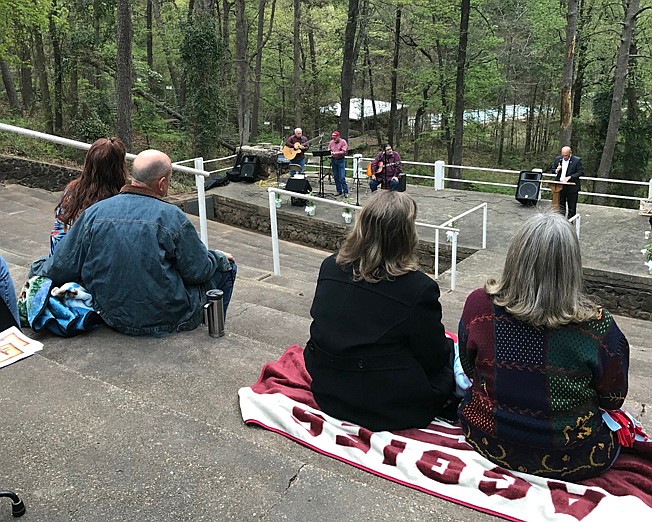 Texarkana, Texas, Mayor Bob Bruggeman, a former Kiwanis Club of Texarkana president, speaks Sunday morning during the club's 82nd annual Easter Sunrise Service at Camp Preston Hunt. This Boy Scouts of America camp has hosted these services since 1938.
