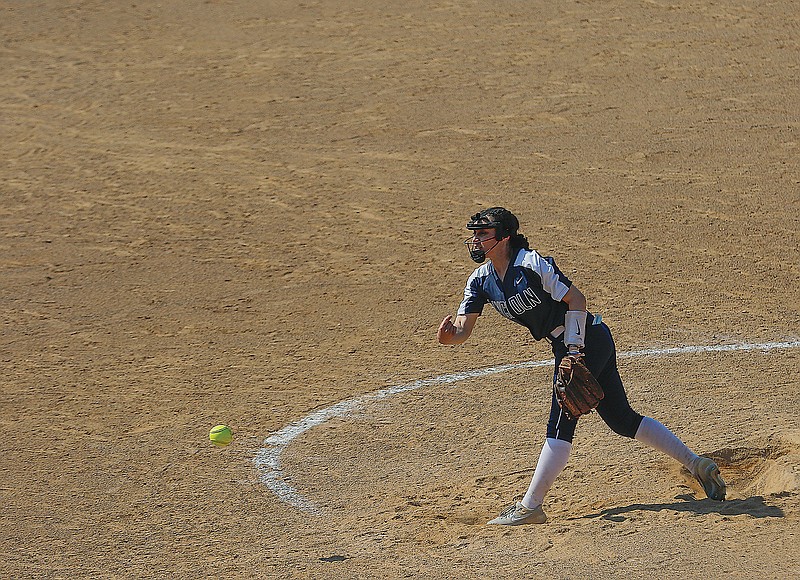 Ashton Stalling of Lincoln releases a pitch during Saturday's doubleheader against Northeastern State at Lincoln Softball Field.