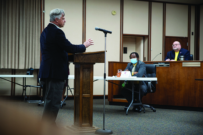 Texarkana resident David Peavy addresses the Texarkana, Ark., Board of Directors during their meeting Monday night, which was the first public meeting following the resignation of City Manager Kenny Haskin on April 1.
