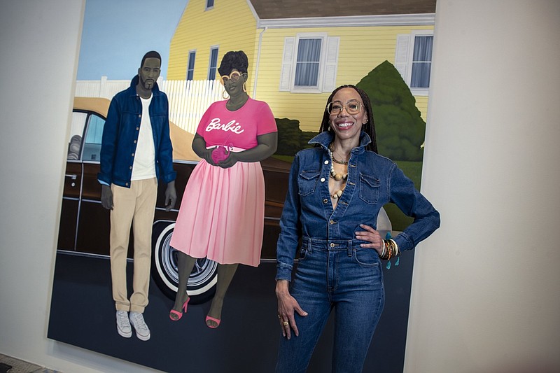 LOS ANGELES, CA - MARCH 16: Contemporary artist Amy Sherald sits for portraits with her painting 'As American as apple pie' prior to her first West Coast exhibition at Hauser & Wirth on Tuesday, March 16, 2021 in Los Angeles, CA. (Brian van der Brug / Los Angeles Times/TNS)