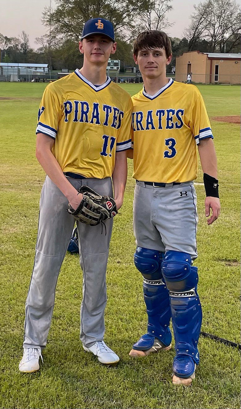  James Bowie pitcher Zane DeBerry (left) poses with catcher Garrett Brown after throwing a no-hitter in a 1-0 win against McLeod on March 26. (Photo by Lacey DeBerry)