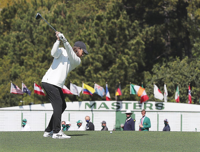 Tommy Fleetwood tees off on the first hole to begin a practice round Sunday for the Masters at Augusta National Golf Club in Augusta, Ga.