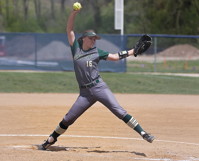 Kate Baxter of Missouri S&T winds up to pitch during the first game of Tuesday's doubleheader against Lincoln at Lincoln Softball Field.