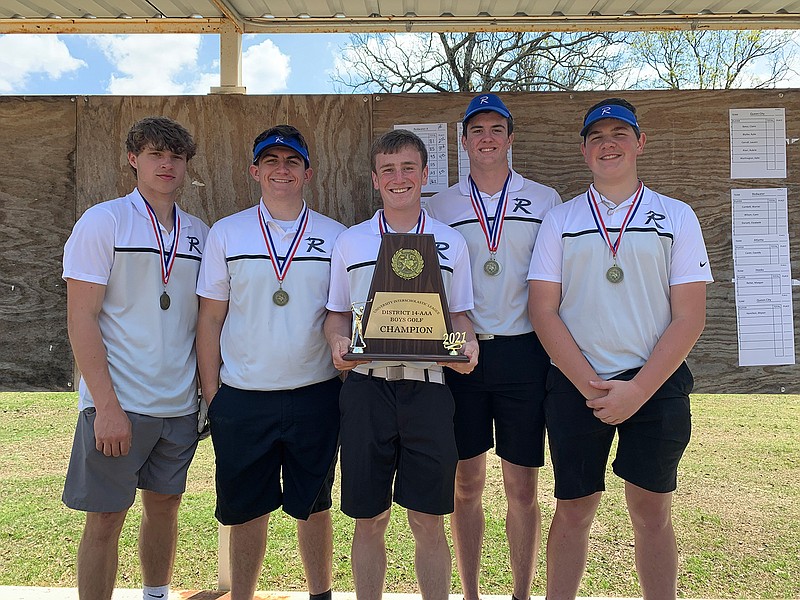 The Redwater team of Cole Turner, Dalton Robertson, Ethan Knight, Kaden Bowen and Alex Calicott won the District 14-3A boys golf championship Monday at Oak Grove Golf Club. (Submitted photo)
