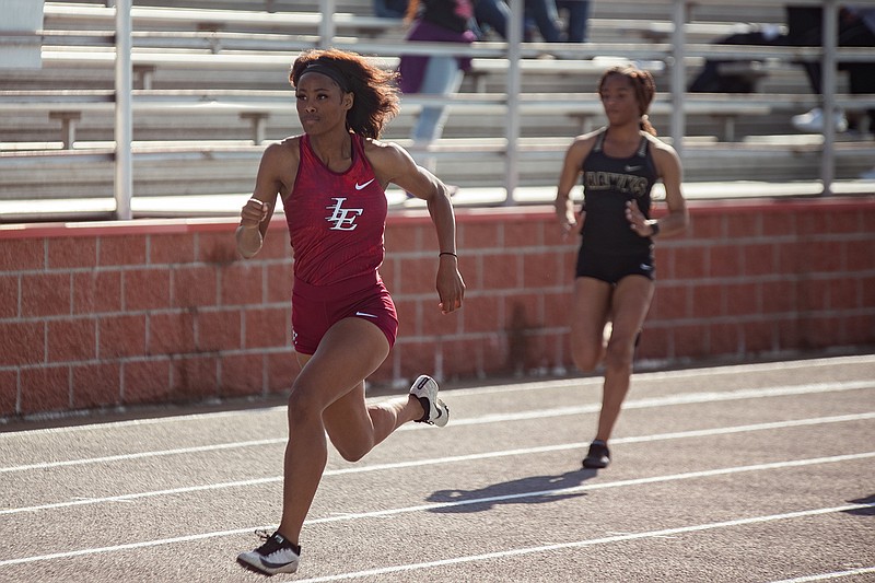 Liberty-Eylau runner Laqukeisha Jeffery competes in the 100-meter dash at a track meet hosted by Liberty-Eylau High School  on Wednesday afternoon in Texarkana.