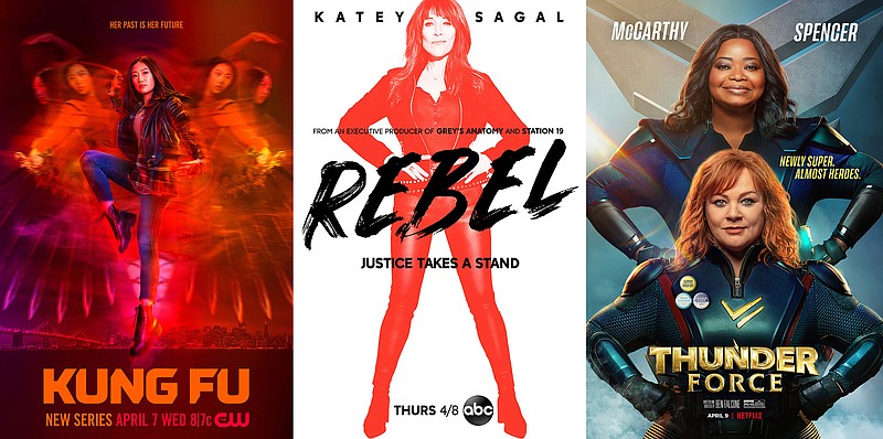 This combination of photos shows promotional art for "Kung Fu," a TV series premiering April 7 on The CW, left, "Rebel," a TV series premiering April 8 on ABC, center, and the film "Thunder Force," a comedy premiering April 9 on Netflix. (The CW/ABC/Netflix via AP)