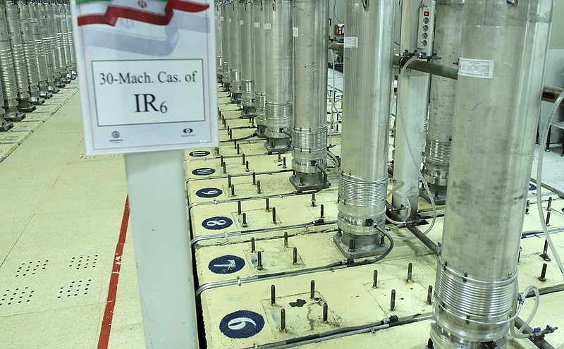 FILE - This file photo released Nov. 5, 2019, by the Atomic Energy Organization of Iran, shows centrifuge machines in the Natanz uranium enrichment facility in central Iran. The facility lost power Sunday, April 11, 2021, just hours after starting up new advanced centrifuges capable of enriching uranium faster, the latest incident to strike the site amid negotiations over the tattered atomic accord with world powers. Iran on Sunday described the blackout an act of “nuclear terrorism,” raising regional tensions. (Atomic Energy Organization of Iran via AP, File)