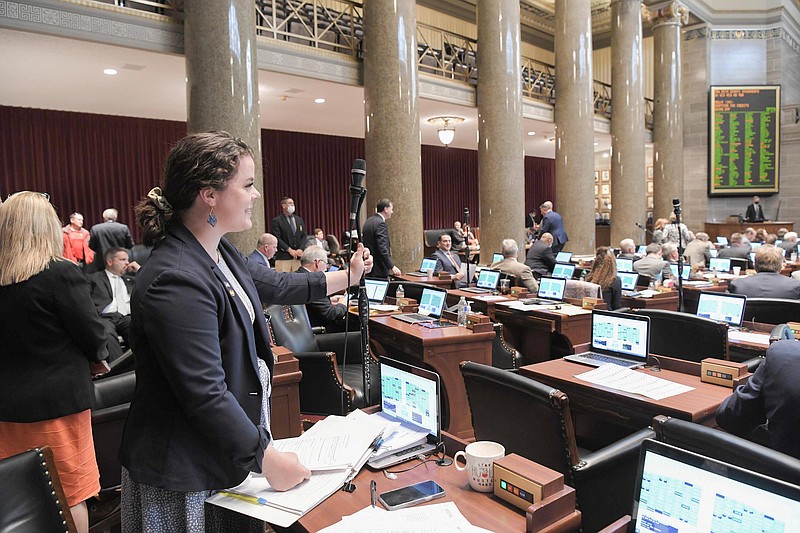 Missouri House passes HB 429 related to tax deductions for foster care. House sponsor Rep. Hannah Kelly, R-Mountain Grove, addresses the chamber Monday, April 12, 2021, as the bill is truly agreed and finally passed. (Tim Bommel photo)