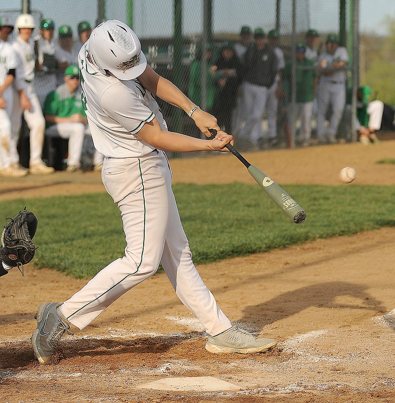 Josh Isaacs of Blair Oaks connects on a two-run triple during Monday's game against Fulton at the Falcon Athletic Complex in Wardsville.