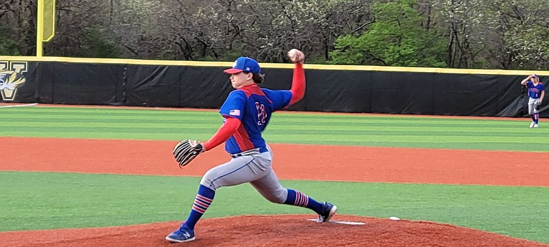 <p>Democrat photo/Kevin Labotka</p><p>Hunter Berendzen pitches April 12 during the Pintos’ 7-2 win against Versailles. Berendzen pitched all seven innings for the Pintos, striking out nine batters.</p>