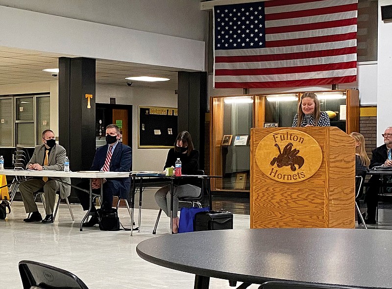Parent Emily van Schenkhof addresses the Fulton Public Schools Board of Education. She talked about racial equity and how the board should address the topic in the future. Superintendent Ty Crain said it will be "part of the conversation" in the future.