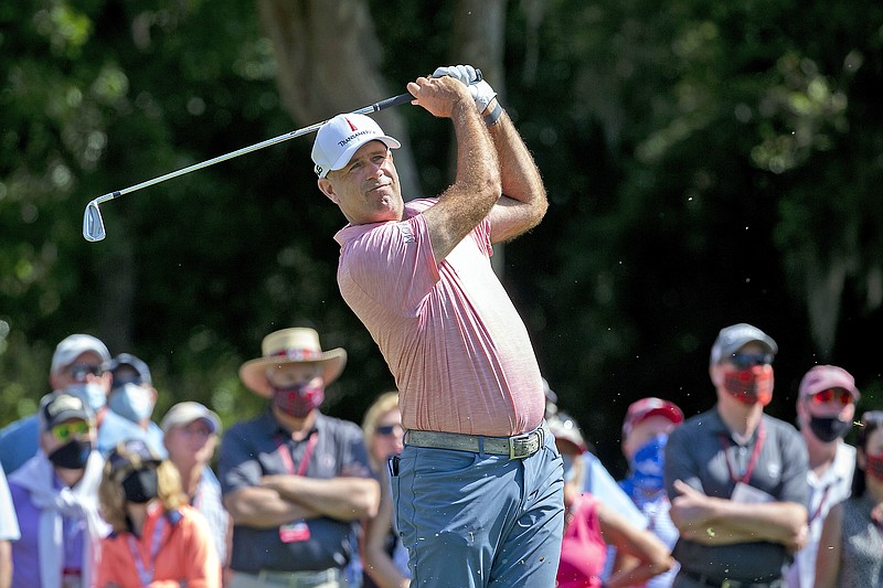 Stewart Cink eyes his drive off the ninth tee during Saturday's third round of the RBC Heritage in Hilton Head Island, S.C.