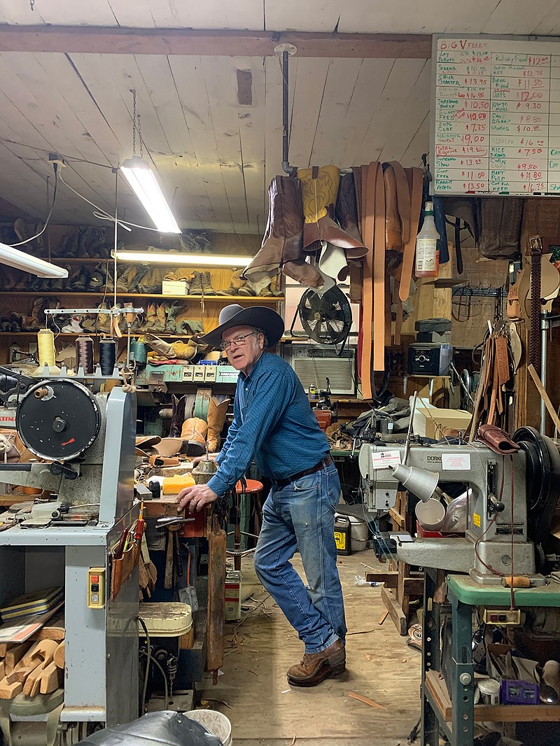 Jim Graves is shown in his workspace inside Jim's Boot Shop in Lockesburg, Arkansas. The shop also sells everything from plants to livestock feed, tack and propane. During a trip to Cheyenne, Wyoming, years ago, Graves was impressed with the work of a leather repairman there. He was inspired to learn the trade.