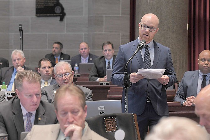 Rep. Travis Fitzwater, R-Holts Summit, introduces HC 2, then addresses the members of the House regarding the expulsion of Rep. Rick Roeber.