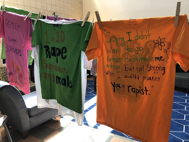 <p>Ryan Boland/FULTON SUN</p><p>A trio of T-shirts comprise part of the Clothesline Project displayed by Westminster College’s Every Blue Jay Can Stop Gender-Based Violence group in the school’s Johnson College Inn. The project’s primary goal is to spread awareness about the impact of sexual and domestic violence, honoring the strength of survivors to go on while providing another way for them to break the silence that often shrouds their experiences. Shirts include quotes from survivors and individuals who have lost loved ones to violence and abuse, with each color representing different forms of abuse. Westminster’s project will be on display for the community through today.</p>