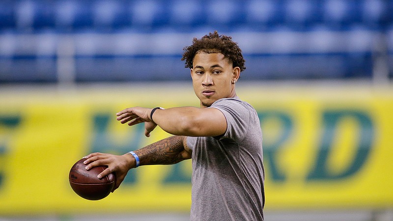 North Dakota State quarterback Trey Lance throws at the school's football NFL Pro Day in Fargo, N.D., in this Friday, March, 12, 2021, file photo. Lance will likely be one of the first two players drafted from non-Football Bowl Subdivision programs next week. (AP Photo/Andy Clayton-King, File)