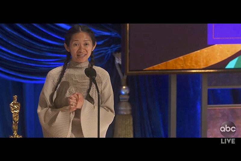 In this video image provided by ABC, Chloe Zhao accepts the award for best director for "Nomadland" at the Oscars on Sunday, April 25, 2021. (ABC via AP)