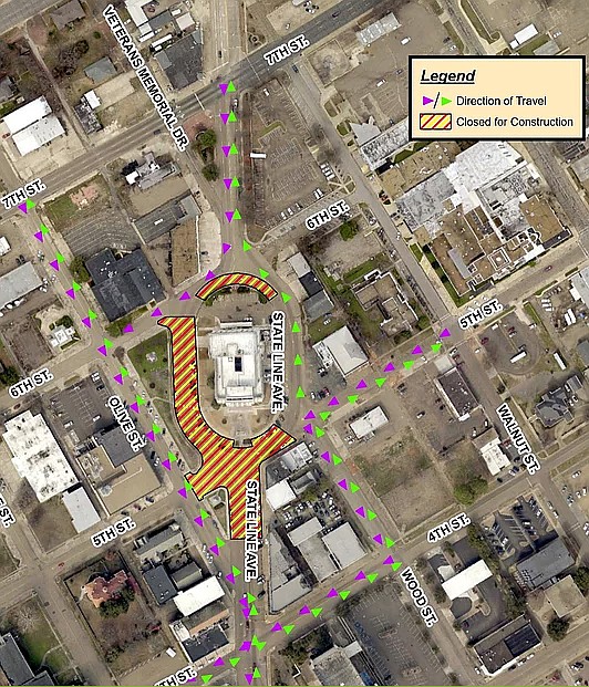 This map shows detour routes around the downtown federal courthouse and post office. Roadwork at the site will begin Wednesday, April 28, 2021, and last for several weeks.