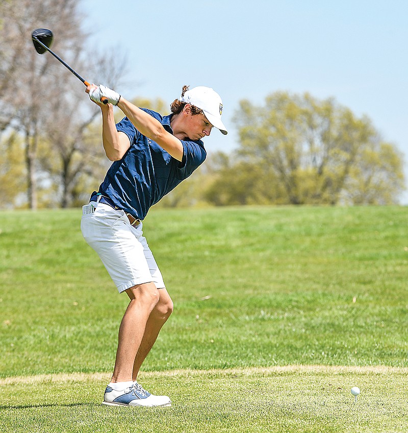 Archer Schnieders of Helias tees off of the 10th hole during play Monday, April 26, 2021, in the Jays Invitational at Meadow Lake Acres Country Club in New Bloomfield.