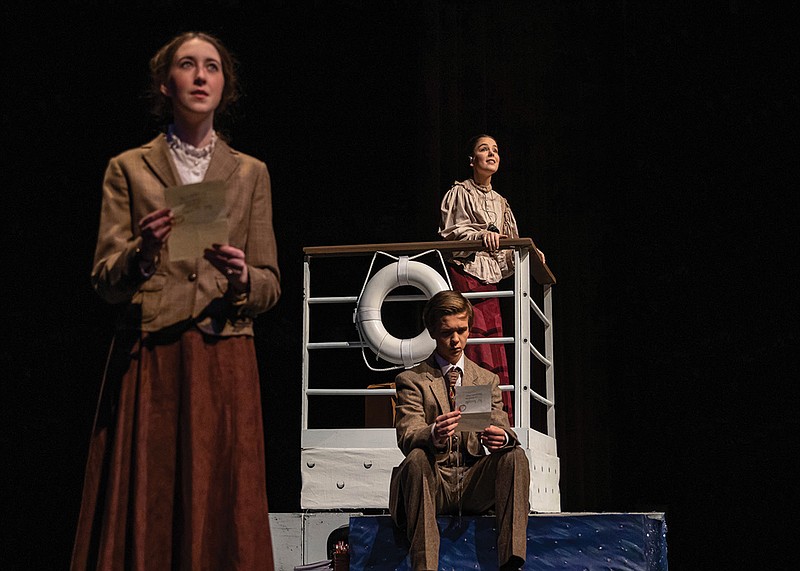 Jeremy Creek and Maddie Frost, foreground, Lia Graham, Beth Dietze, and Anabeth Icenhower, background, during the theatre company's performance of "Silent Sky" by Lauren Gunderson. (Photo by Braylen Garren, courtesy Texas High Publications)