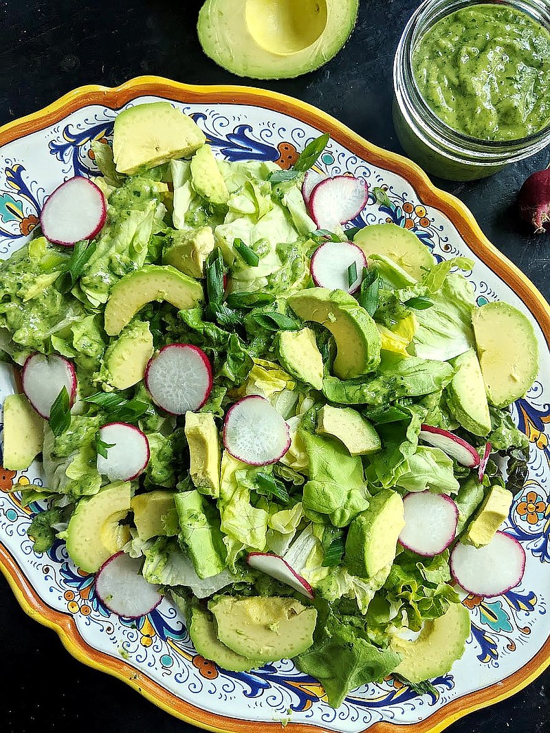 Salad with green goddess dressing is heavenly. Green goddess has gone in and out of style over the years, but this fresh, herbal version with creamy avocado, lemon, rice vinegar, and three different soft and leafy herbs is a keeper. (Gretchen McKay/Post-Gazette/TNS)