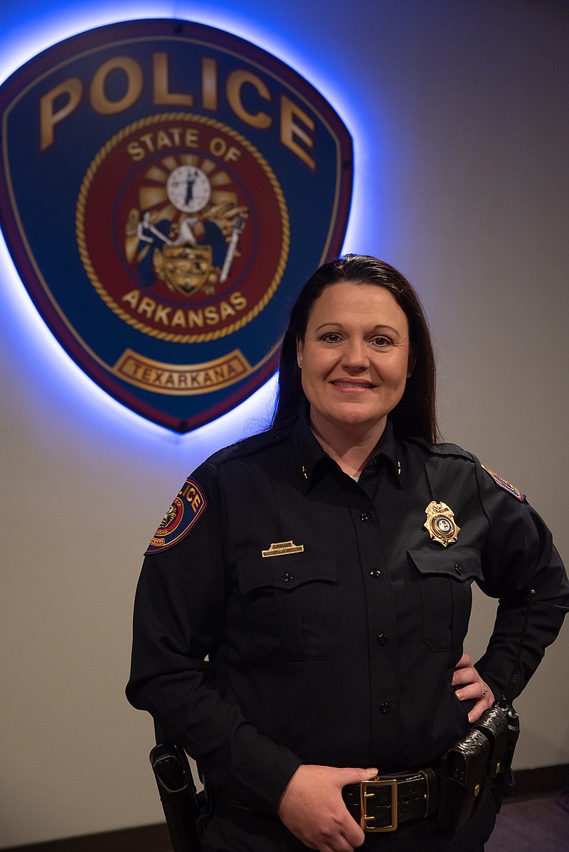 Texarkana, Arkansas, Police Chief Kristi Bennett poses in a conference room on the third floor of the Bi-State Justice Building.
