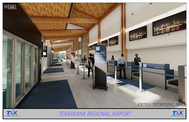This artist's rendering shows how the Texarkana Regional Airport's entry ticketing hall might look in the new passenger terminal. Construction is slated to begin next month. (Submitted by Texarkana Regional Airport)
