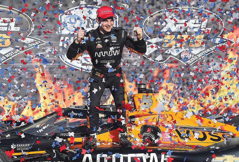 Pato O'Ward celebrates his victory Sunday in the IndyCar Series race at Texas Motor Speedway in Fort Worth, Texas.