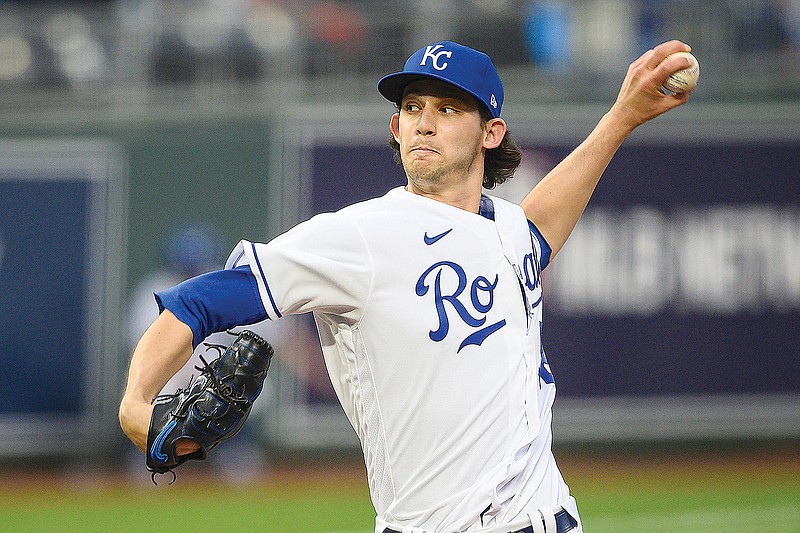 Royals starting pitcher Daniel Lynch prepares to throw to the plate during Monday night's game against the Indians at Kauffman Stadium.