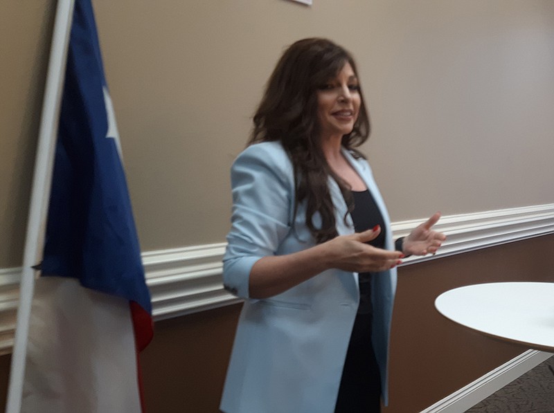 Jan Morgan, Arkansas candidate for the U.S. Senate, addresses a crowd of more than 40 at Big Jake's Barbecue in Nash, Texas. She is gunning for the seat of U.S. Sen. John Boozman, R-Ark. "He's a nice guy, I'm sure," she said. "And it is time for him to retire."
