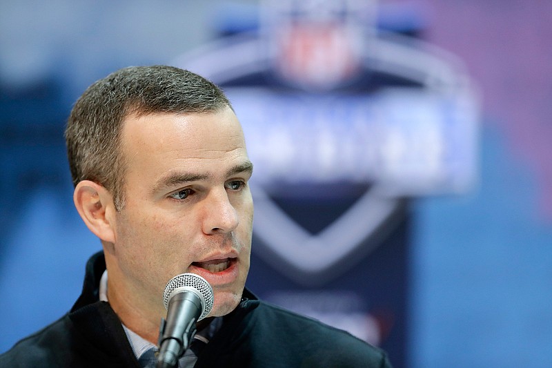 In this Feb. 28, 2019, file photo, Buffalo Bills general manager Brandon Beane speaks during a press conference at the NFL football scouting combine in Indianapolis. The heavy lifting is hardly done for Beane after the Bills general manager completed making much-needed upgrades to Buffalo's pass rush, and restocking the roster's depth at the NFL draft this weekend (AP Photo/Darron Cummings, File)
