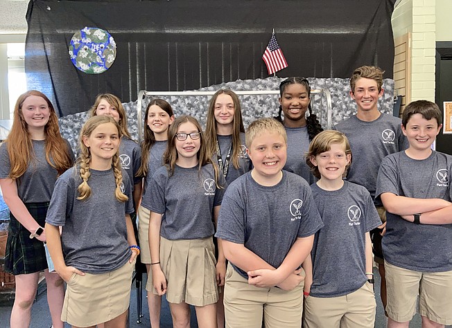 Plant the Moon Challenge team members from left:
Back row: Olivia Kimmel, Abigail Thomson, Katherine Ayers, Addison Bobo, Staten Crossland,
James Thomson. Front row: Morgan Yost, Rosie Jordan, John O'Donnell, Daniel Ayers, Cooper Kimmel
Teacher and team coach: Nicole Ayers (not pictured)