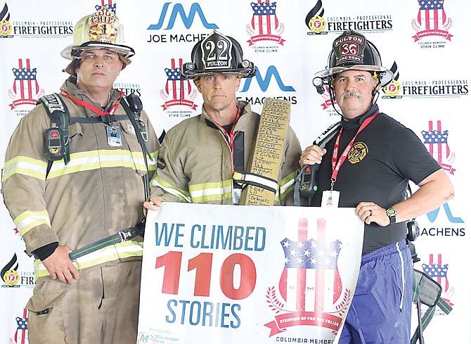 Fulton Fire Chief Kevin Coffelt, Fire Engineer Shawn Pettigrew and Firefighter Jeremy Milam climbed the equivalent of 110 stories last Saturday at Columbia's Memorial Stair Climb to honor those first responders who died at the World Trade Center during the Sept. 11, 2001, terrorist attacks.