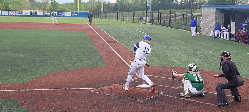 <p>Democrat photo/Kevin Labotka</p><p>Ian Peterson swings at a pitch May 10 during the Pintos’ 8-6 loss to Blair Oaks in extra innings. The Pintos’ will get a chance for revenge at 6 p.m. May 19 in the semifinal round of the Class 4 District 8 Tournament at California, when they’ll face off against Blair Oaks again.</p>