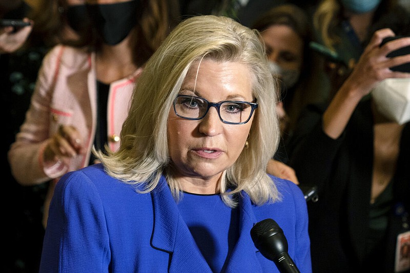 Rep. Liz Cheney, R-Wyo., speaks to reporters after House Republicans voted to oust her from her leadership post as chair of the House Republican Conference because of her repeated criticism of former President Donald Trump for his false claims of election fraud and his role in instigating the Jan. 6 U.S. Capitol attack, at the Capitol in Washington, Wednesday, May 12, 2021. (AP Photo/Manuel Balce Ceneta)